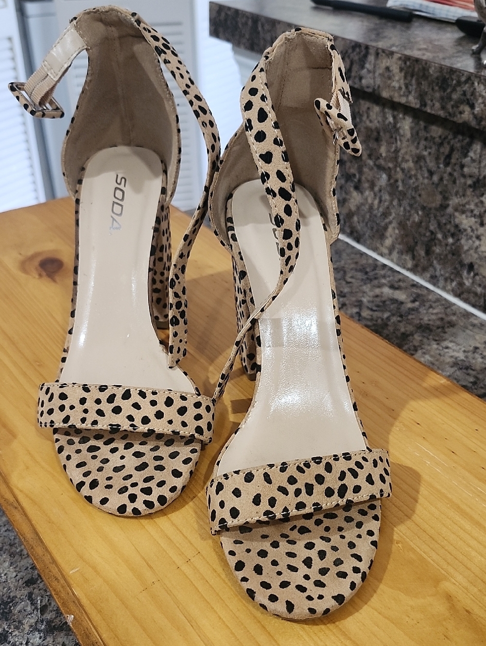 Soda Beige and Black Cheetah-Print Ankle-Strap Block Heels